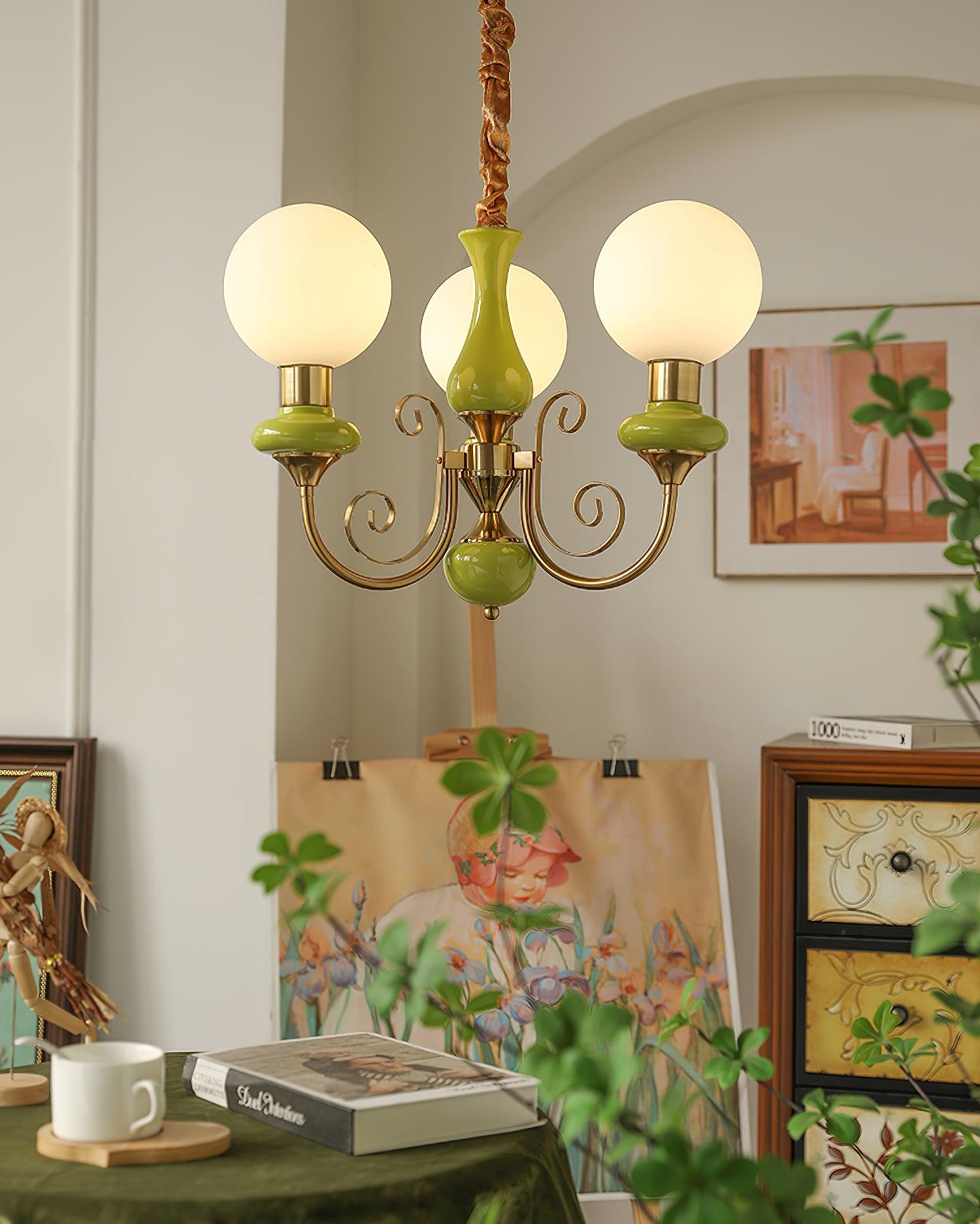 Lustra Chandelier Abat-jours Verts Bras Courbés en Or - Neutralighting