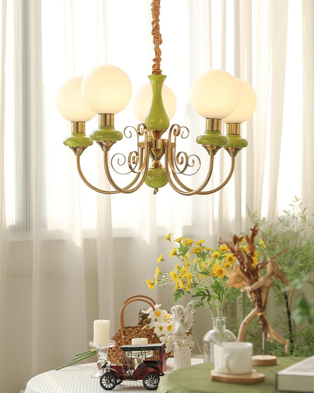 Lustra Chandelier Abat-jours Verts Bras Courbés en Or - Neutralighting