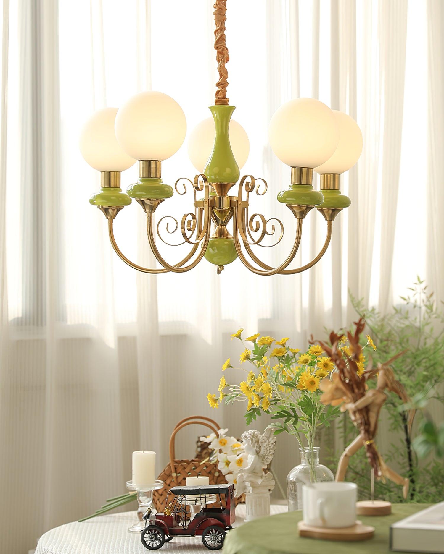 Lustra Chandelier Abat-jours Verts Bras Courbés en Or - Neutralighting