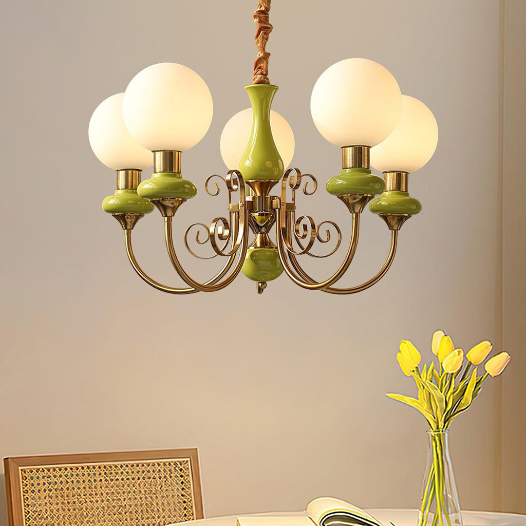 Lustra Chandelier Abat-jours Verts Bras Courbés en Or - Neutralighting