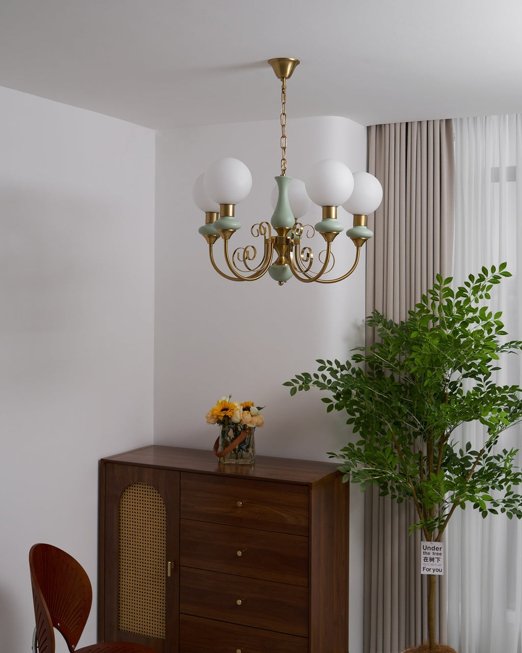 Lustra Chandelier Abat-jours Verts Bras Courbés en Or - Neutralighting