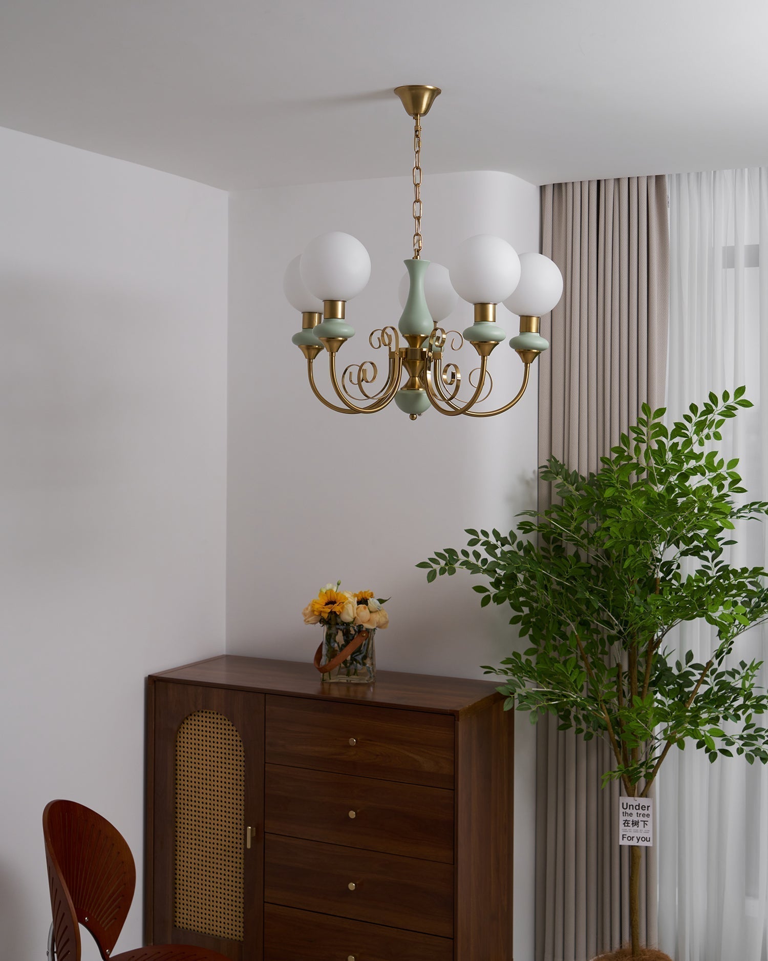 Lustra Chandelier Abat-jours Verts Bras Courbés en Or - Neutralighting