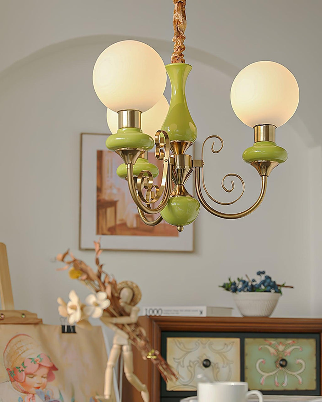 Lustra Chandelier Abat-jours Verts Bras Courbés en Or - Neutralighting