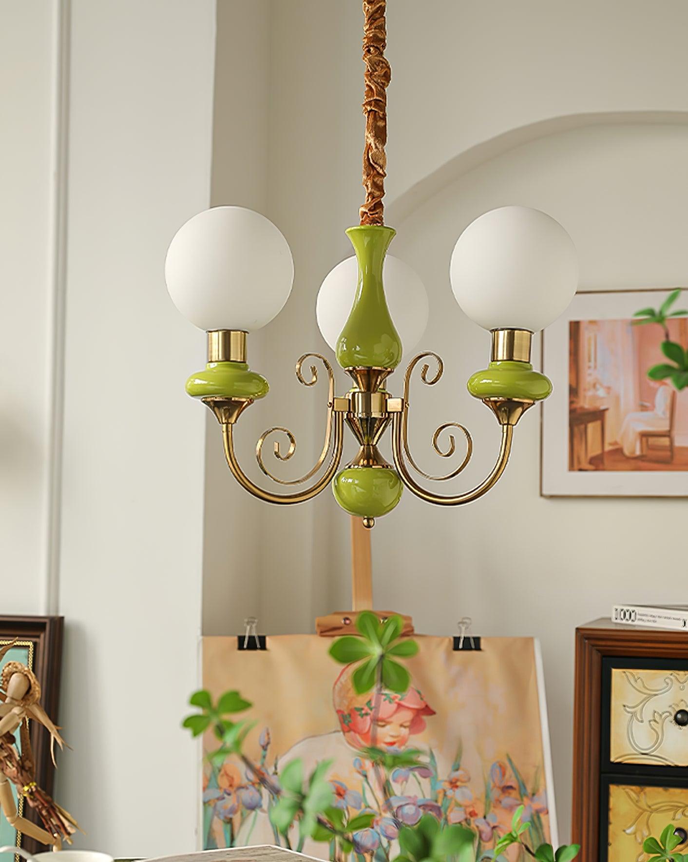 Lustra Chandelier Abat-jours Verts Bras Courbés en Or - Neutralighting