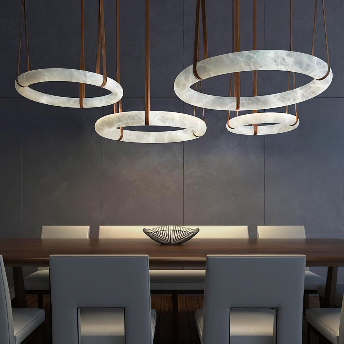 Luste Chandeliers en Albâtre Anneau Sangle en Cuir Version A - Neutralighting