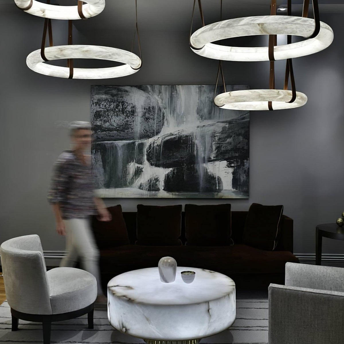 Luste Chandeliers en Albâtre Anneau Sangle en Cuir Version A - Neutralighting