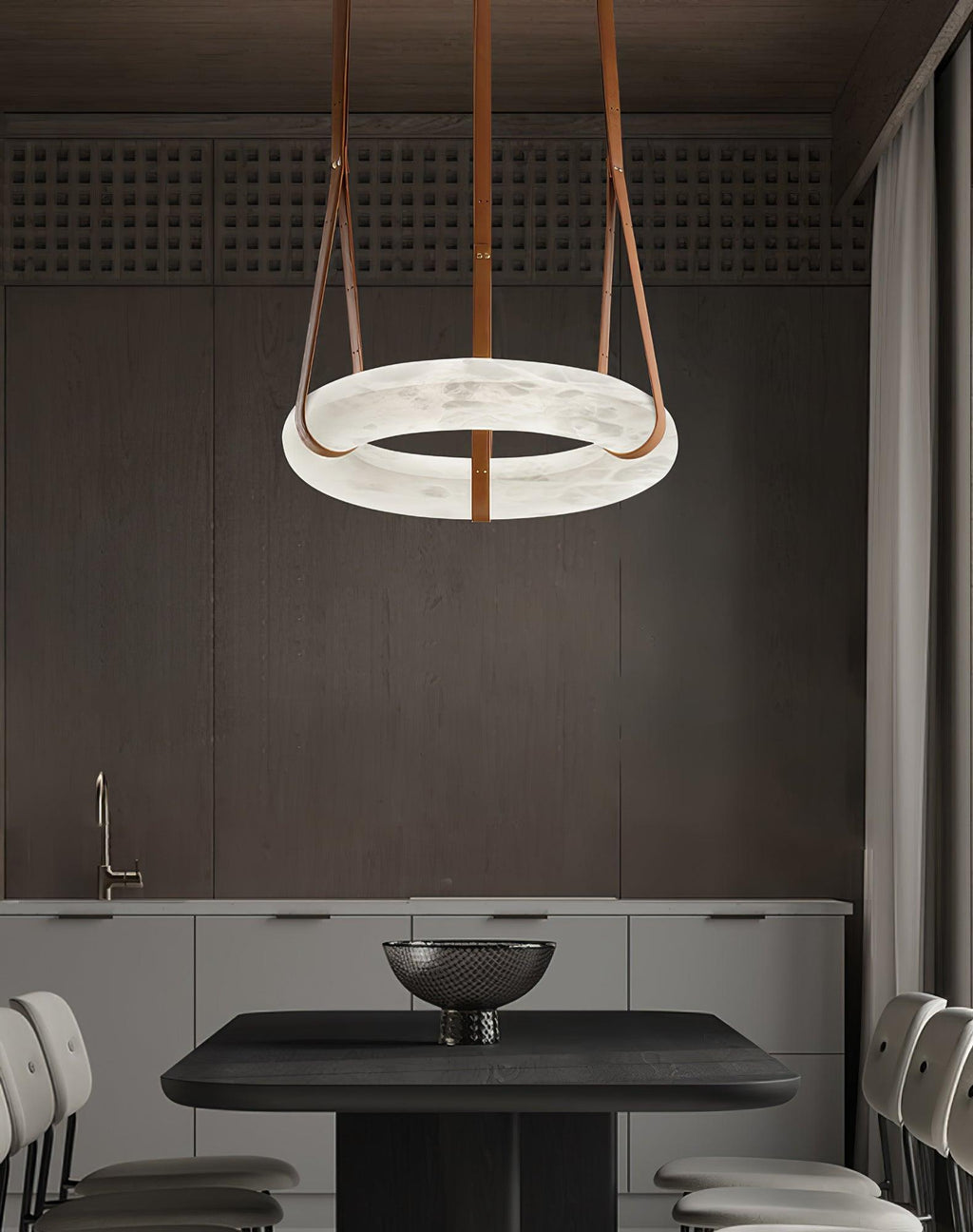 Luste Chandeliers en Albâtre Anneau Sangle en Cuir Version A - Neutralighting