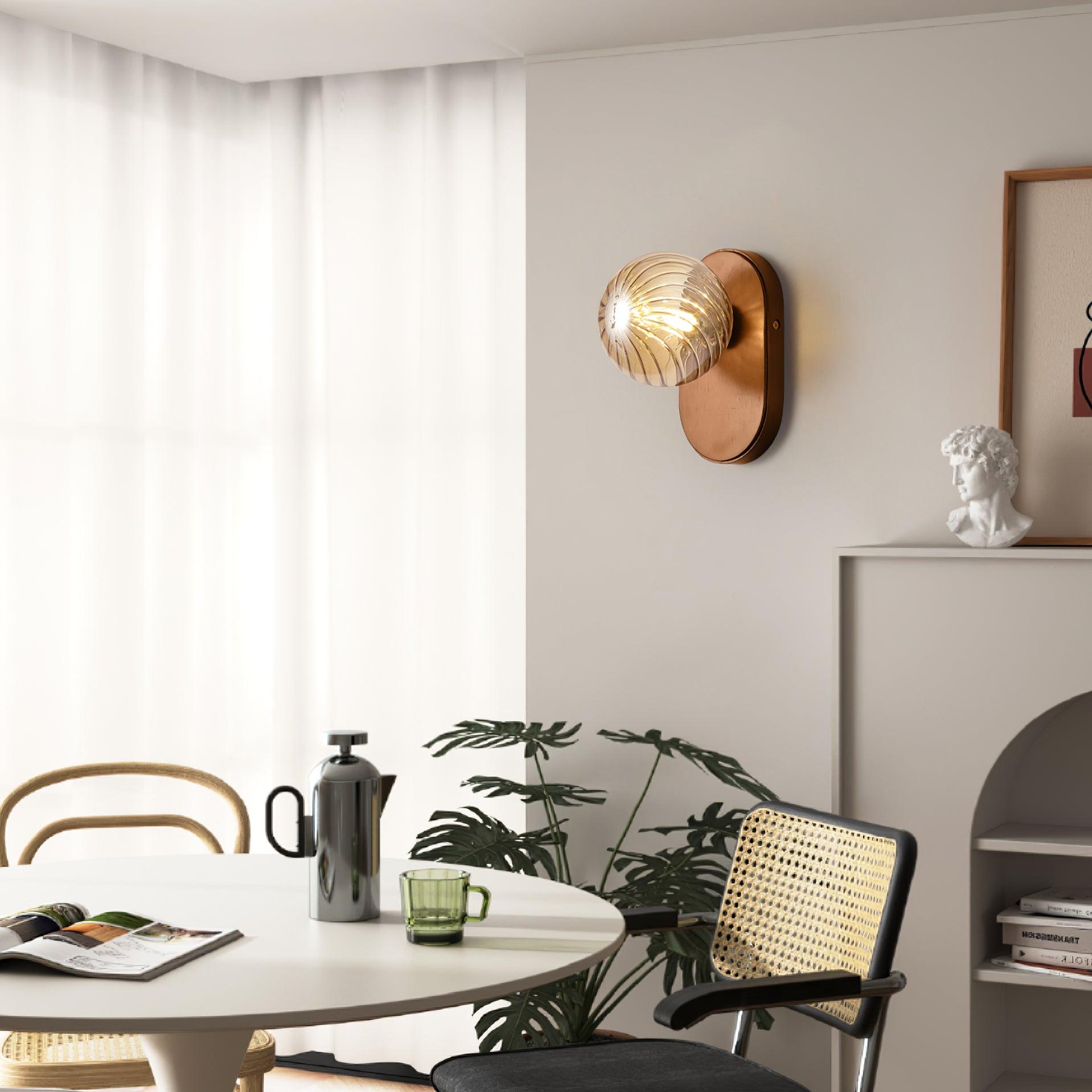Applique Murale Bois Corps Ambre Verre Côtes Globe Moderne Accent - Neutralighting