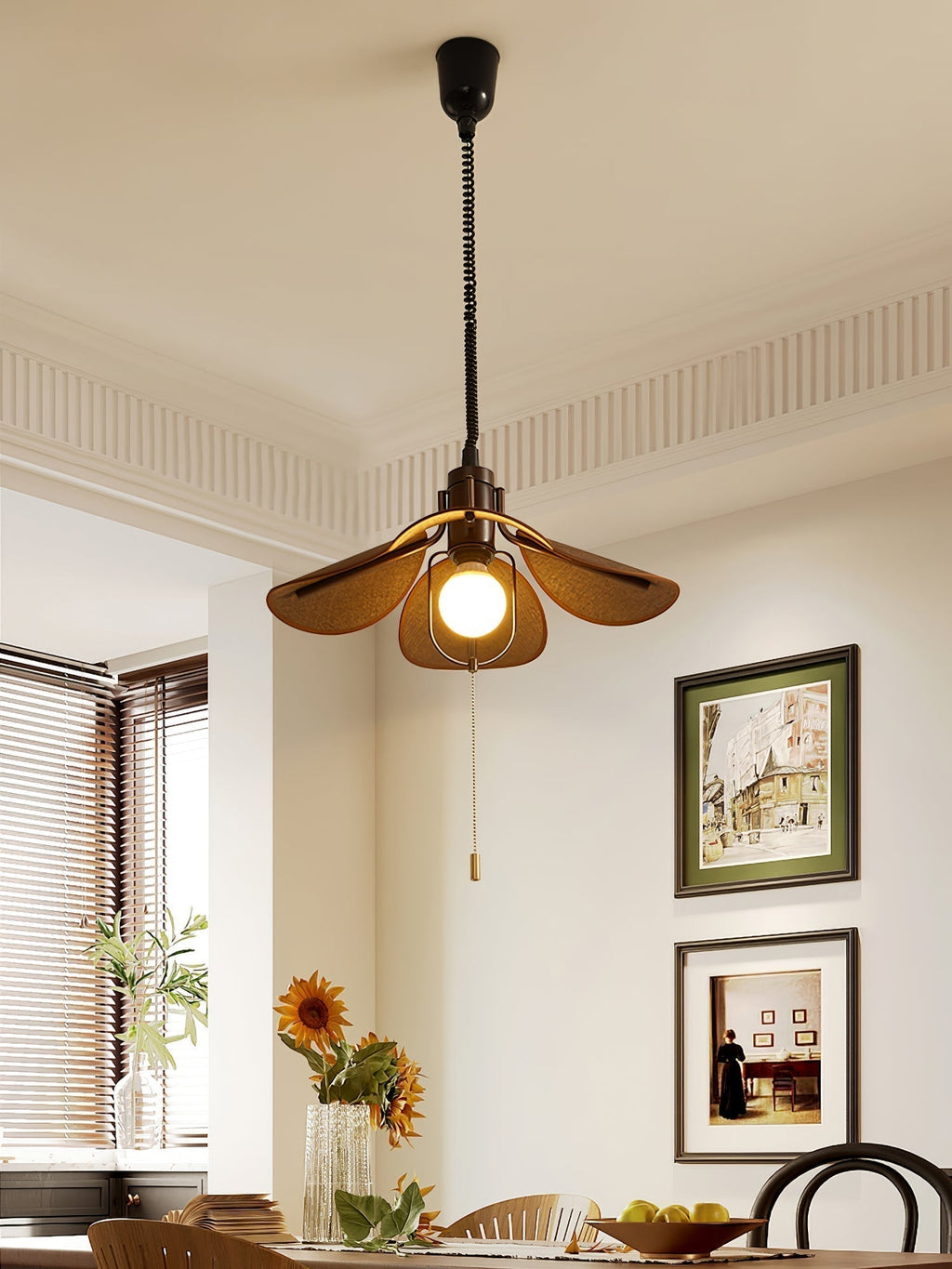 Utalion Traditionnel Pétale Floraison Bois Tissu Pendentif Lumière - Neutralighting
