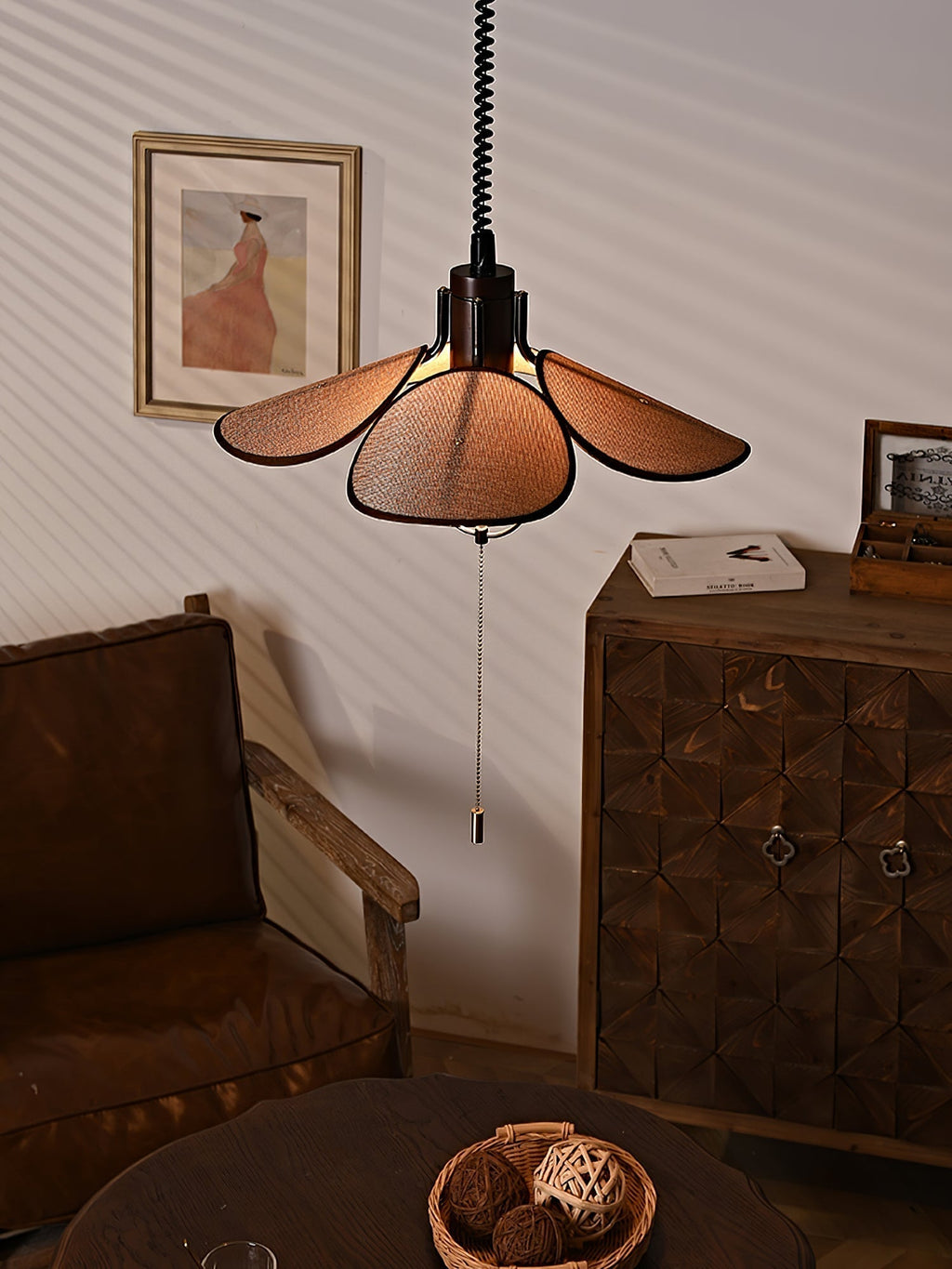Utalion Traditionnel Pétale Floraison Bois Tissu Pendentif Lumière - Neutralighting