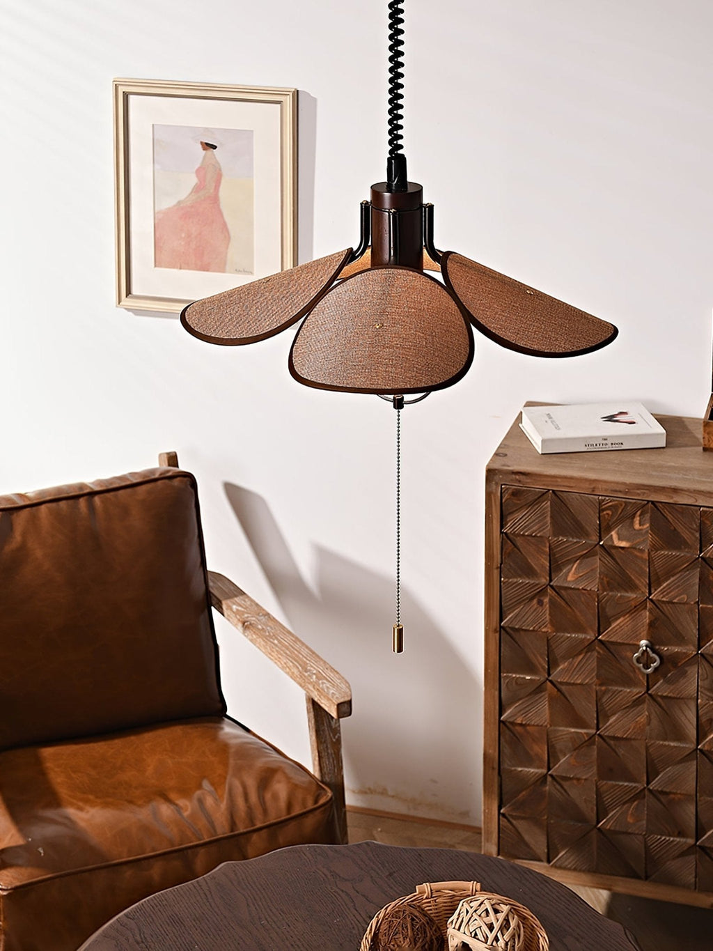 Utalion Traditionnel Pétale Floraison Bois Tissu Pendentif Lumière - Neutralighting