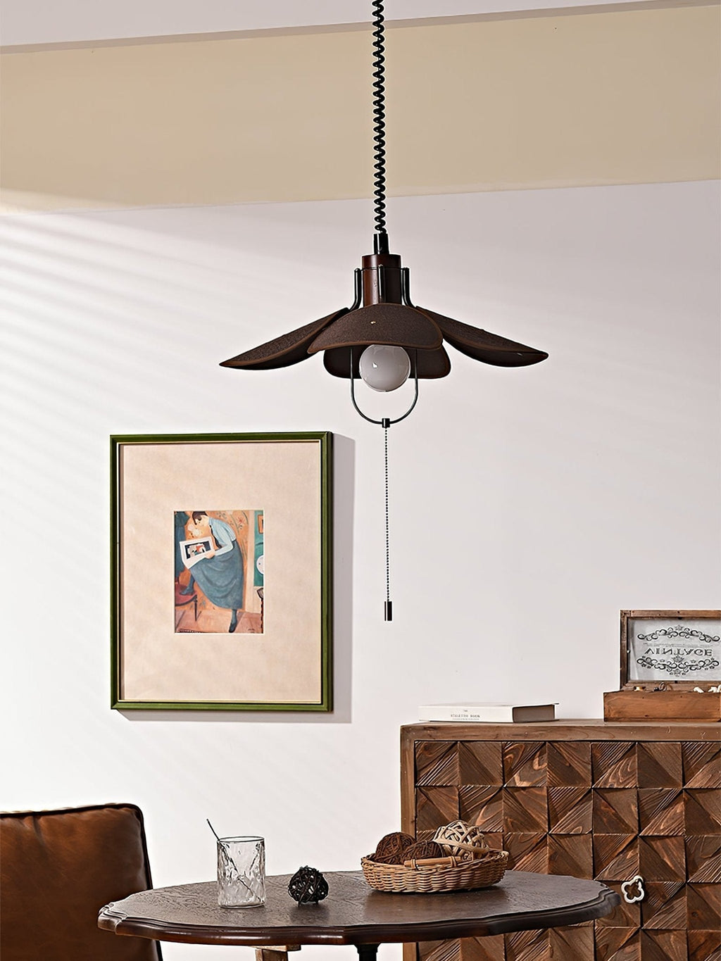 Utalion Traditionnel Pétale Floraison Bois Tissu Pendentif Lumière - Neutralighting
