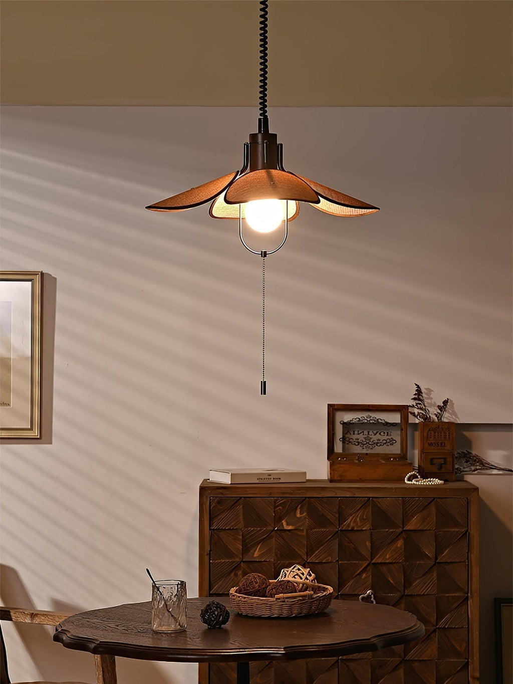 Utalion Traditionnel Pétale Floraison Bois Tissu Pendentif Lumière - Neutralighting