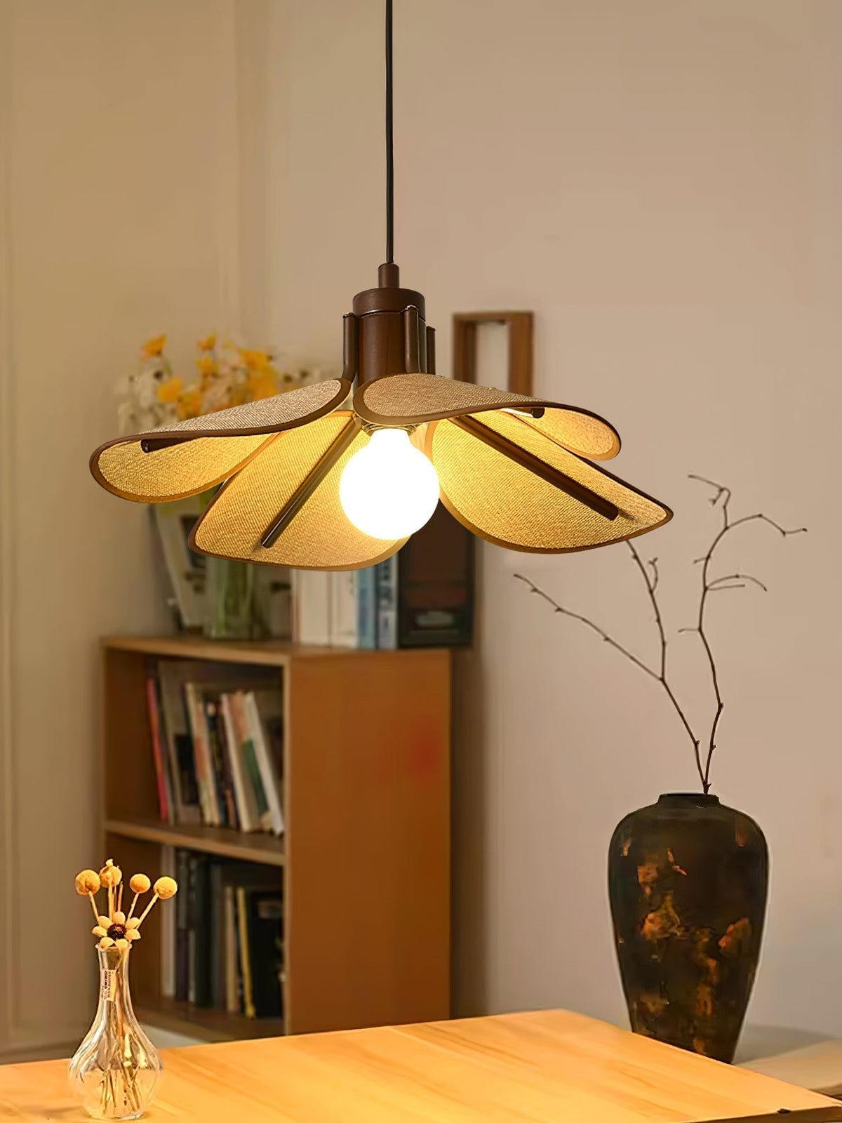 Utalion Traditionnel Pétale Floraison Bois Tissu Pendentif Lumière - Neutralighting