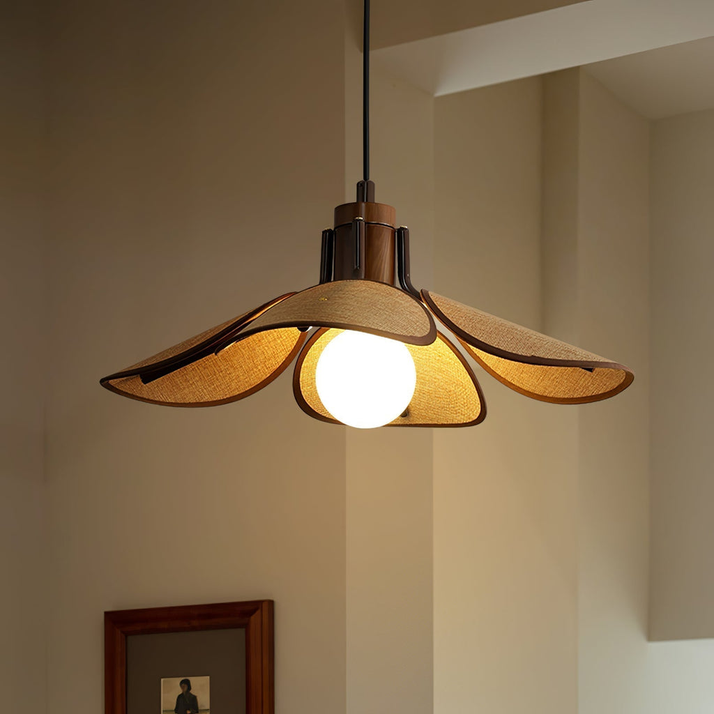 Utalion Traditionnel Pétale Floraison Bois Tissu Pendentif Lumière - Neutralighting