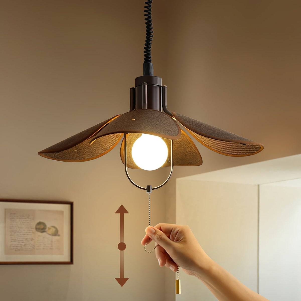 Utalion Traditionnel Pétale Floraison Bois Tissu Pendentif Lumière - Neutralighting