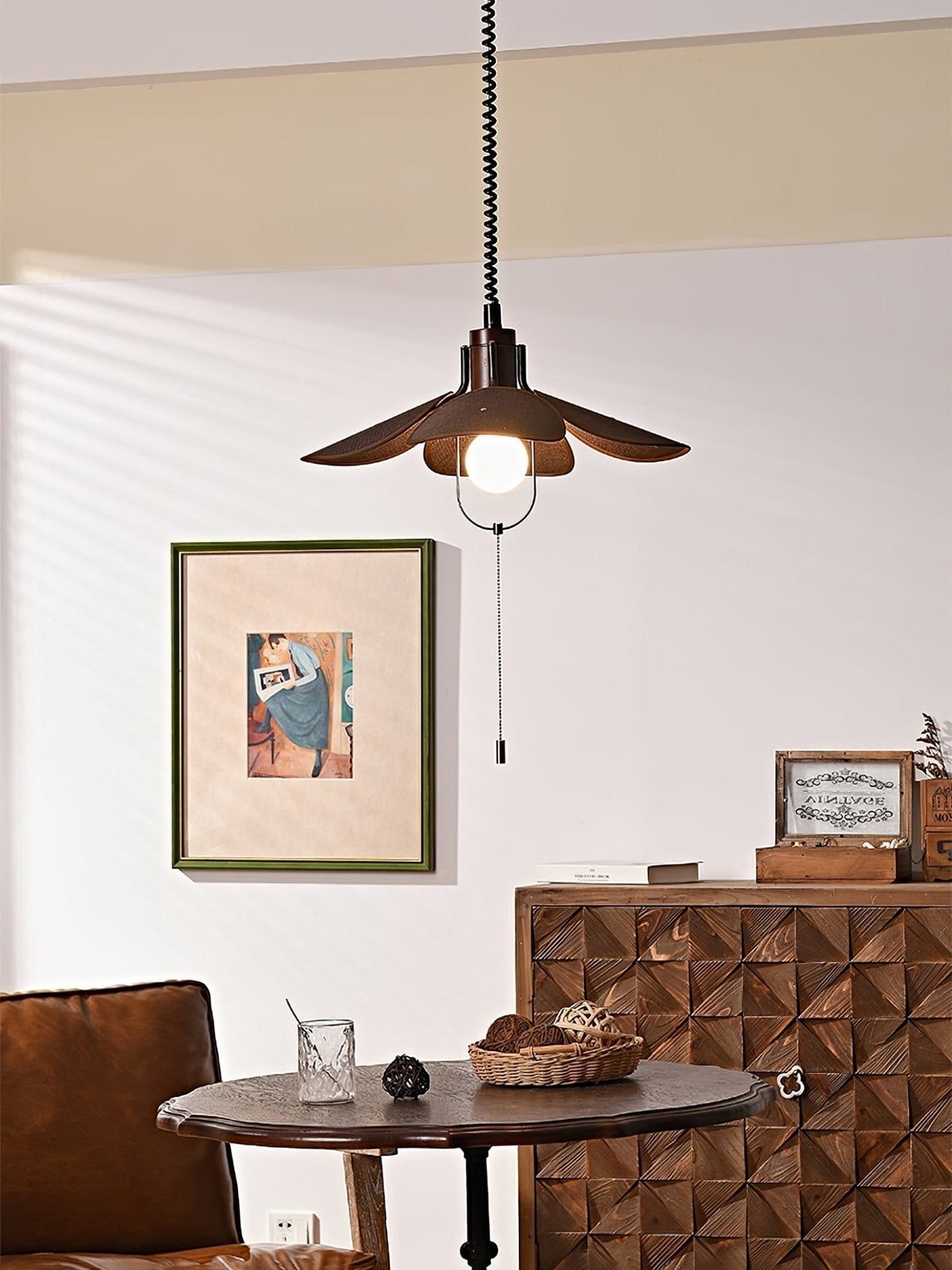 Utalion Traditionnel Pétale Floraison Bois Tissu Pendentif Lumière - Neutralighting