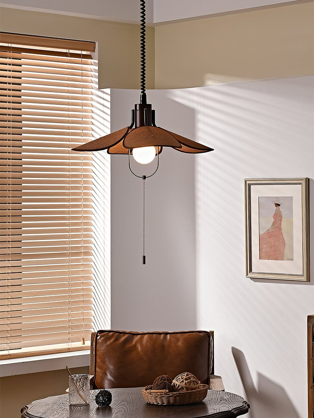 Utalion Traditionnel Pétale Floraison Bois Tissu Pendentif Lumière - Neutralighting