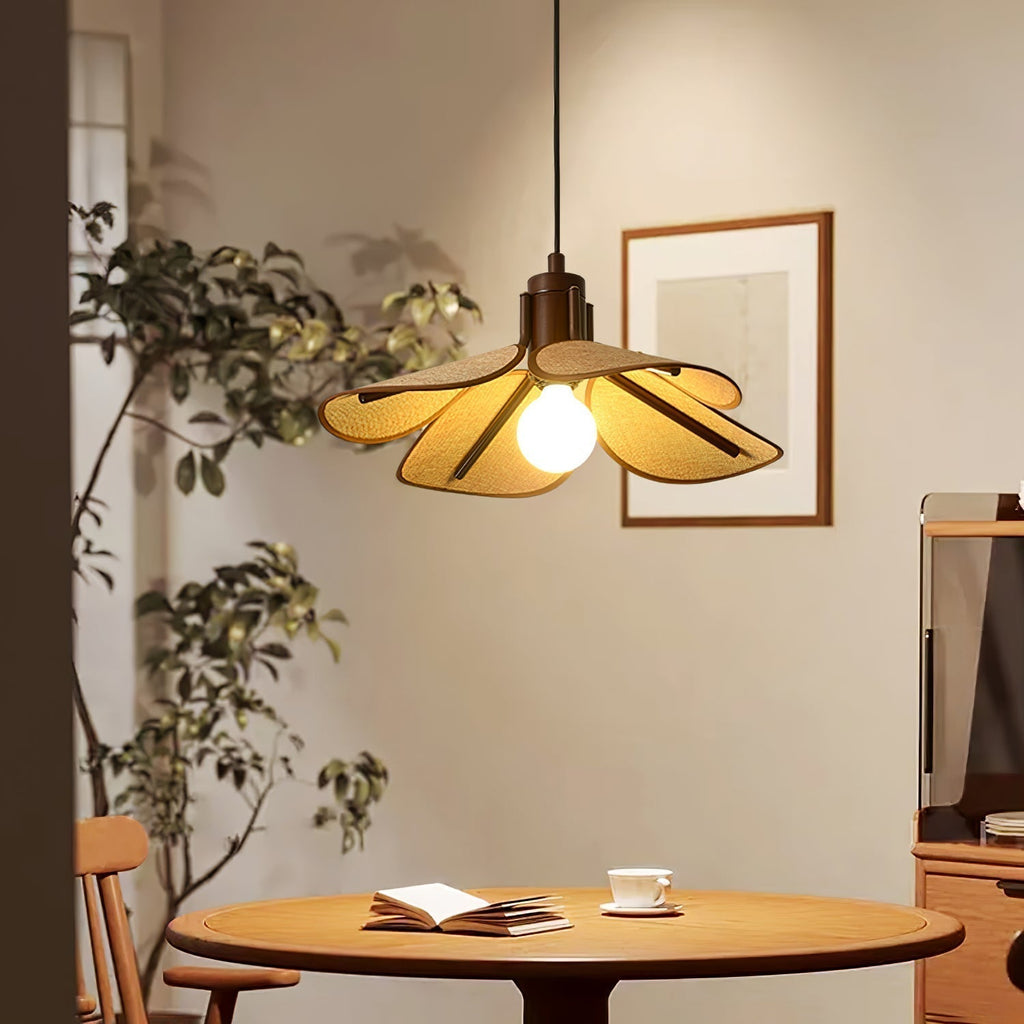 Utalion Traditionnel Pétale Floraison Bois Tissu Pendentif Lumière - Neutralighting