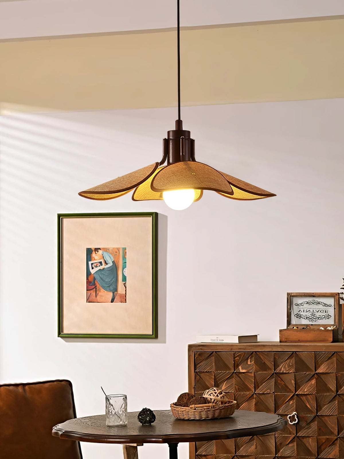 Utalion Traditionnel Pétale Floraison Bois Tissu Pendentif Lumière - Neutralighting