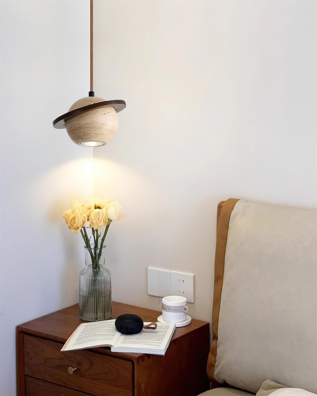 Lampe Suspension Planète Travertin Bois de Noyer Minimaliste - Neutralighting