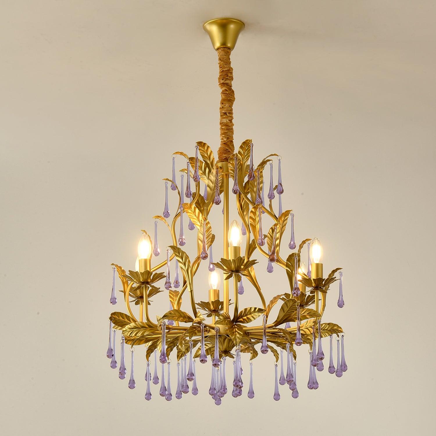 Murano Lustre Gouttes de Cristal Violet Feuilles Dorées - Neutralighting