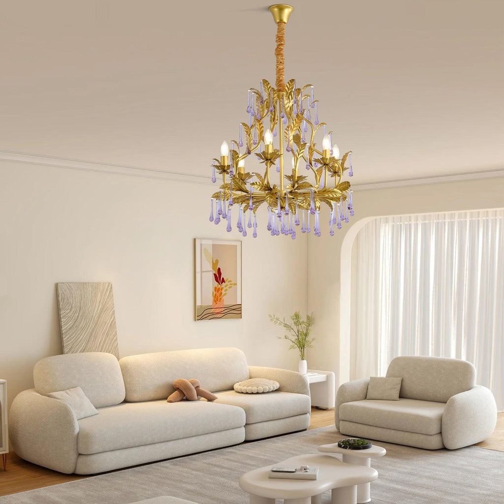 Lustra Lustre Murano Violet Feuilles Dorées Cristal Élégance - Neutralighting