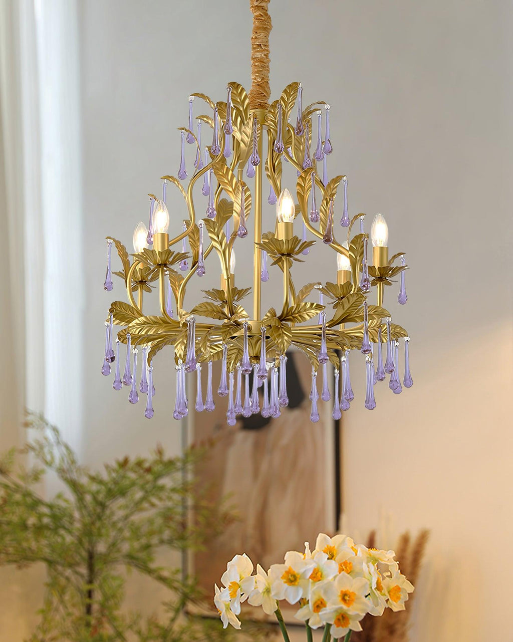 Murano Lustre Gouttes de Cristal Violet Feuilles Dorées - Neutralighting