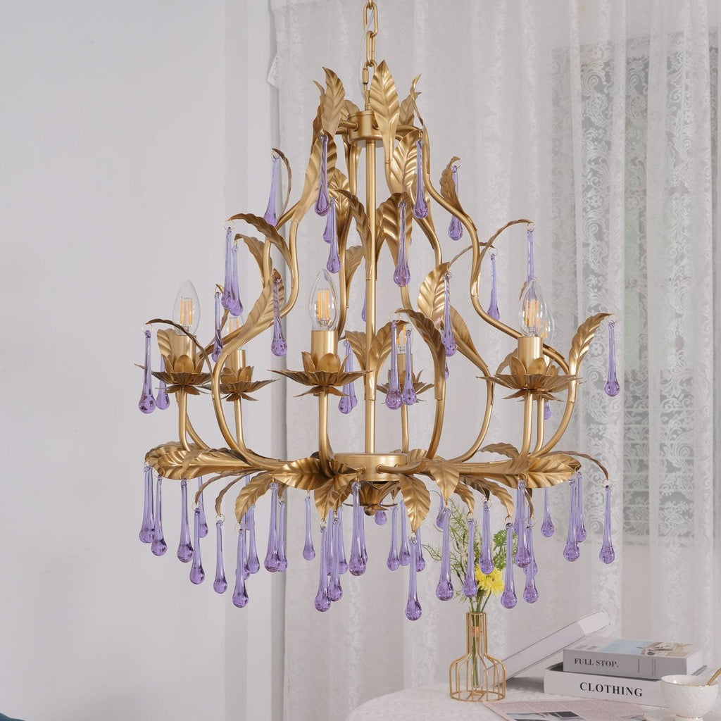 Murano Lustre Gouttes de Cristal Violet Feuilles Dorées - Neutralighting