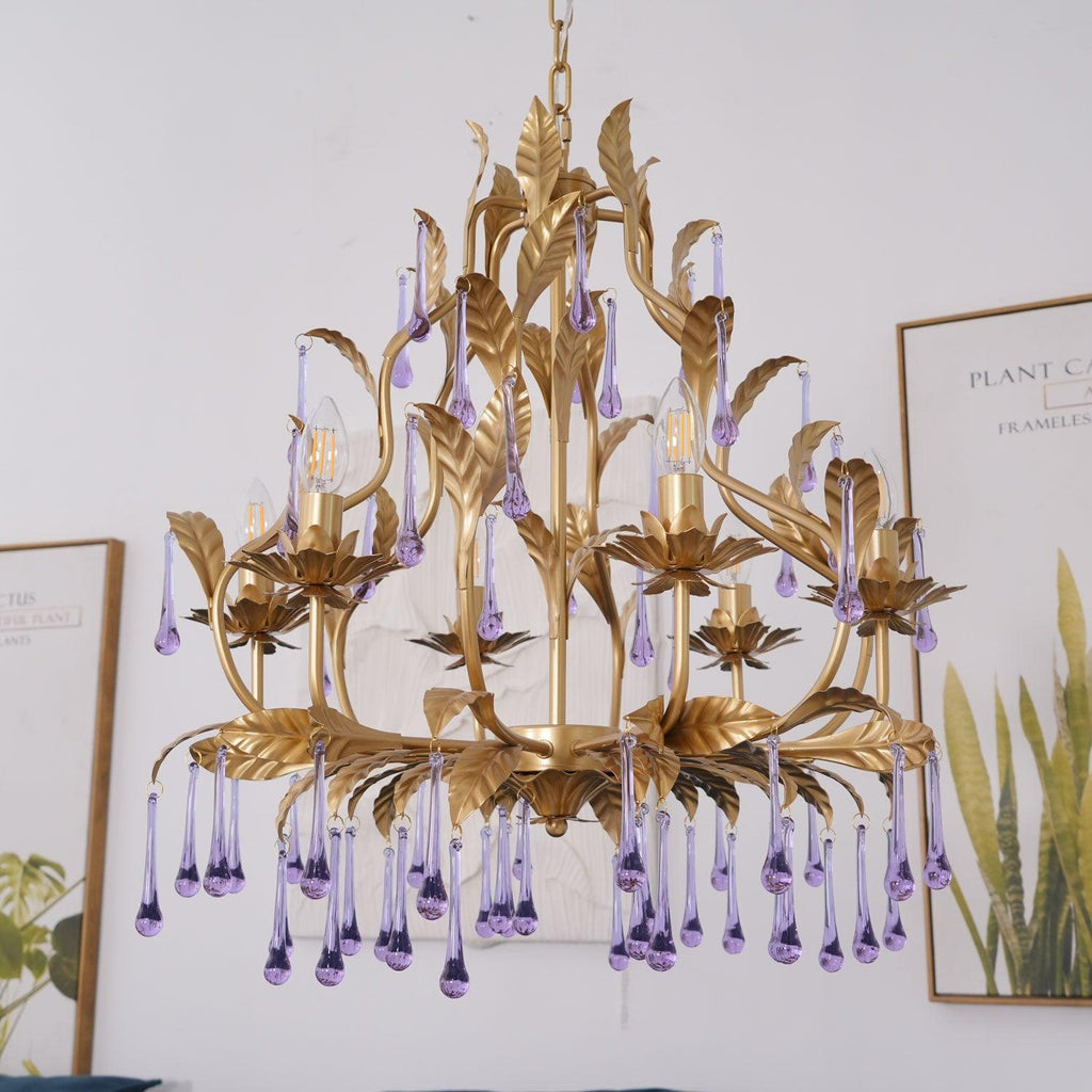 Murano Lustre Gouttes de Cristal Violet Feuilles Dorées - Neutralighting
