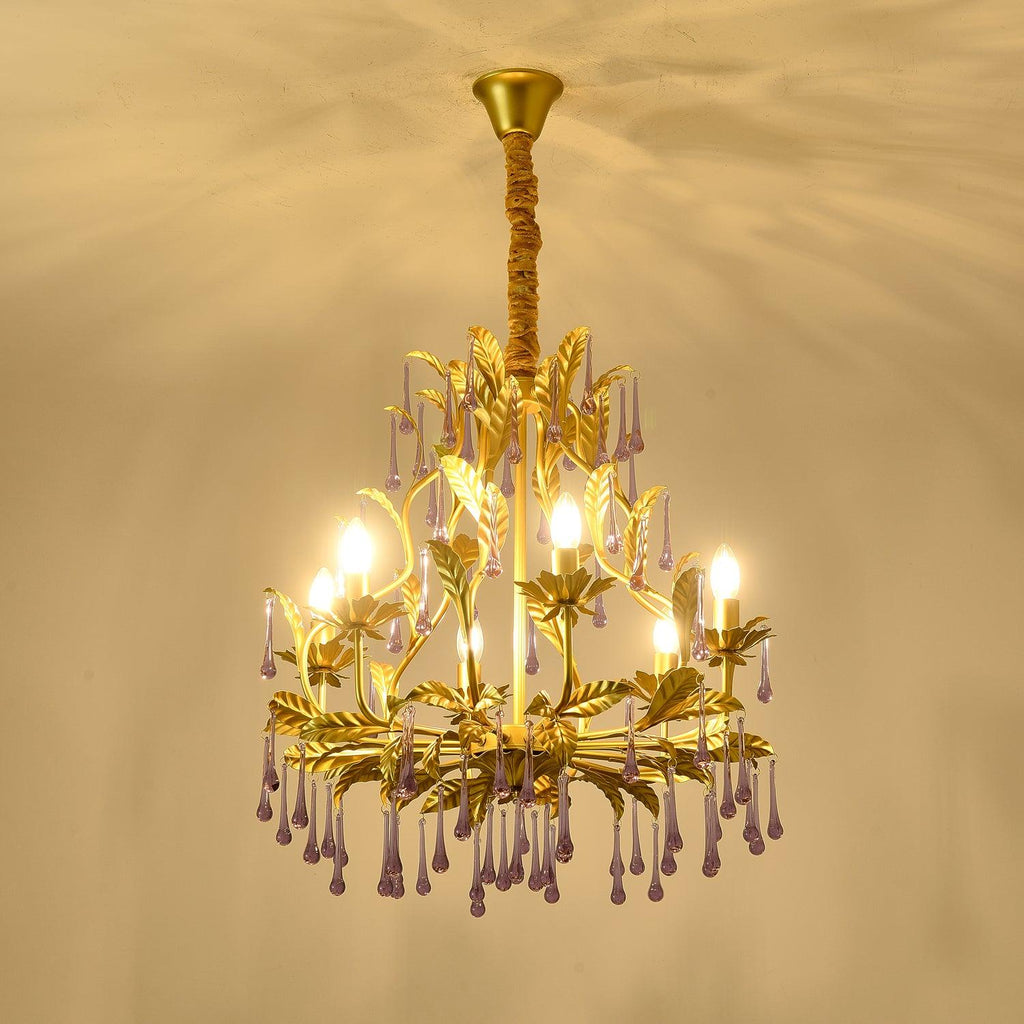 Murano Lustre Gouttes de Cristal Violet Feuilles Dorées - Neutralighting