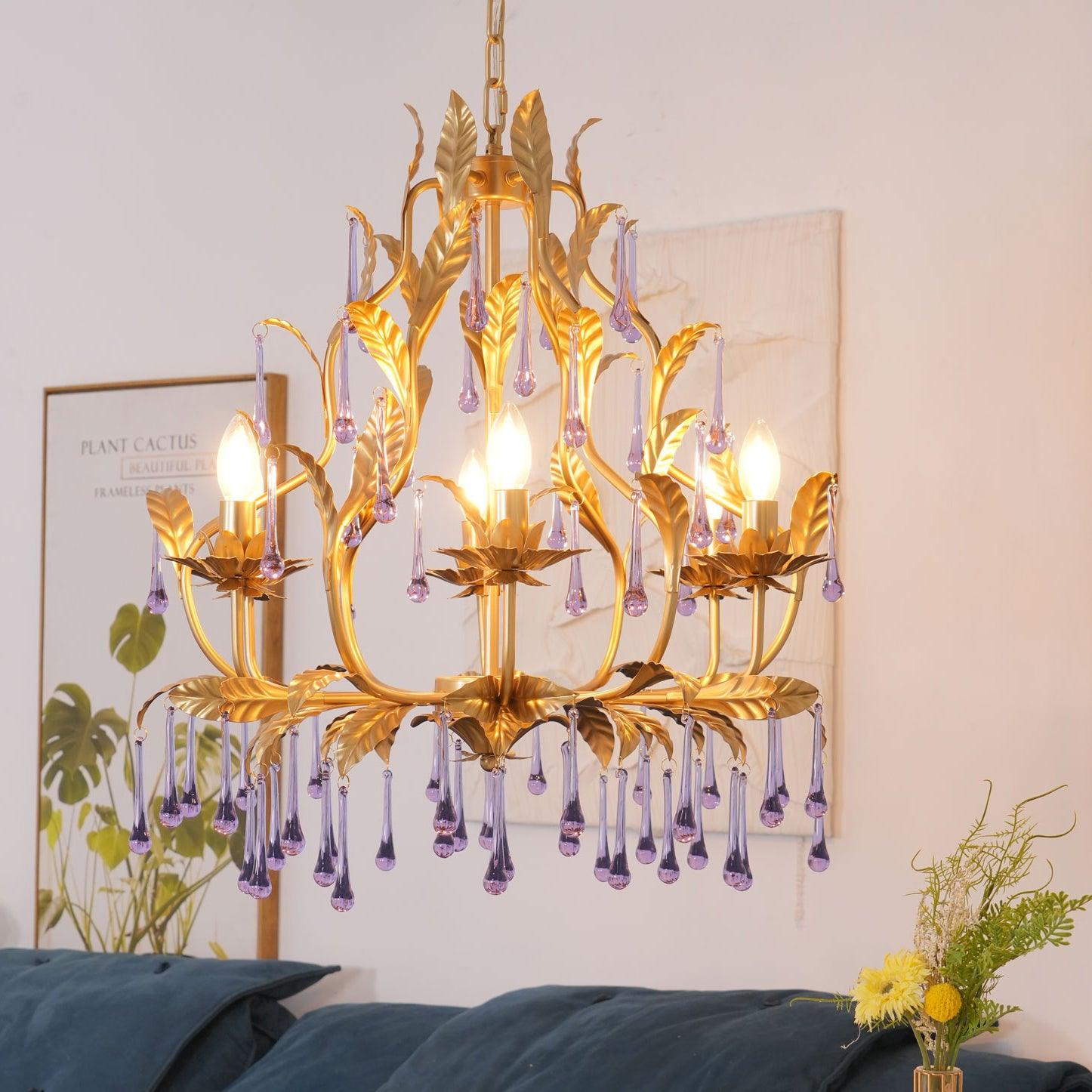 Murano Lustre Gouttes de Cristal Violet Feuilles Dorées - Neutralighting