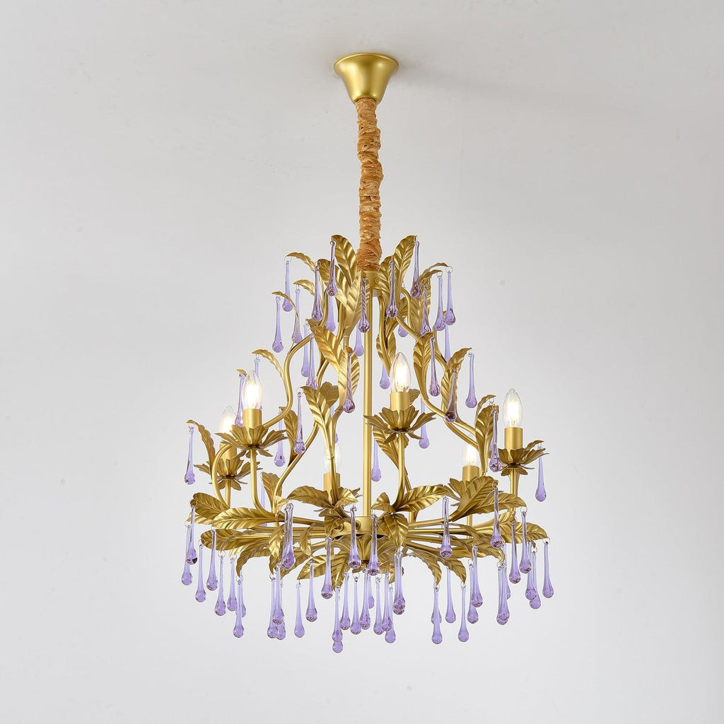 Murano Lustre Gouttes de Cristal Violet Feuilles Dorées - Neutralighting