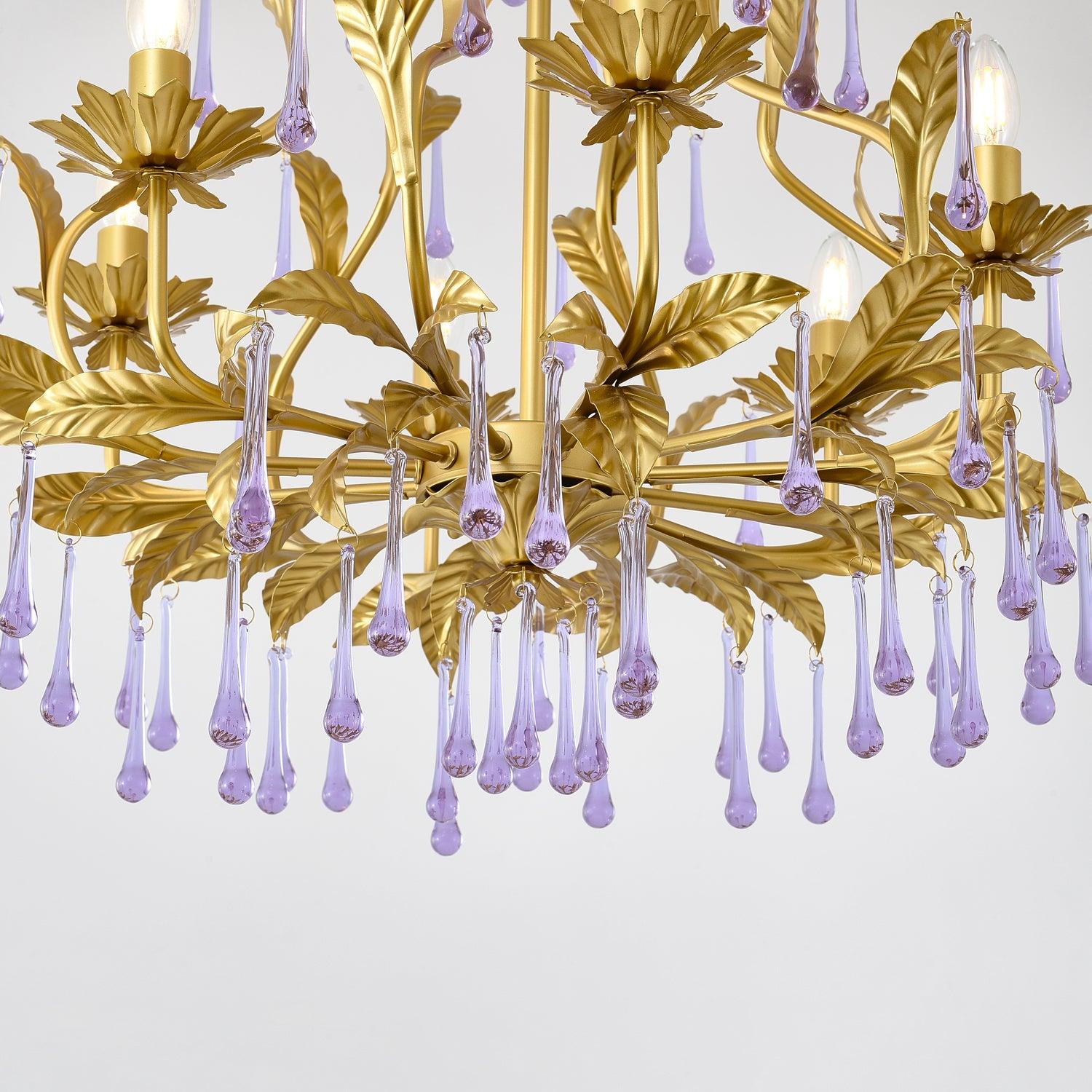 Murano Lustre Gouttes de Cristal Violet Feuilles Dorées - Neutralighting