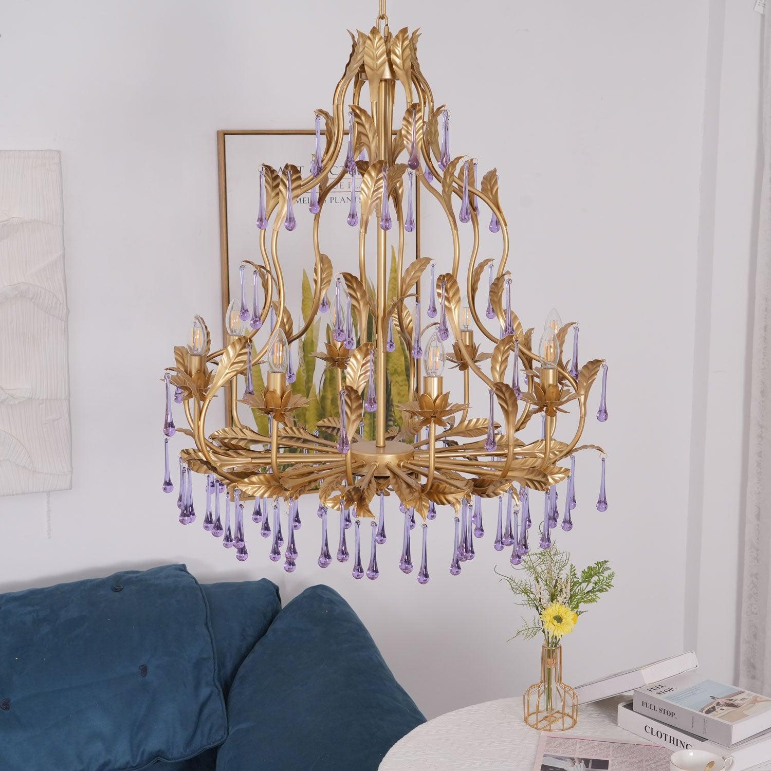 Murano Lustre Gouttes de Cristal Violet Feuilles Dorées - Neutralighting