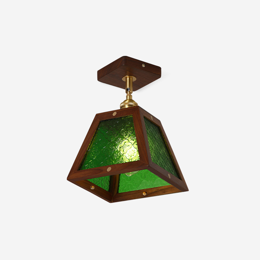 Radia Lustre Plafonnier Cadre en Bois Panneaux en Verre Géométriques - Neutralighting