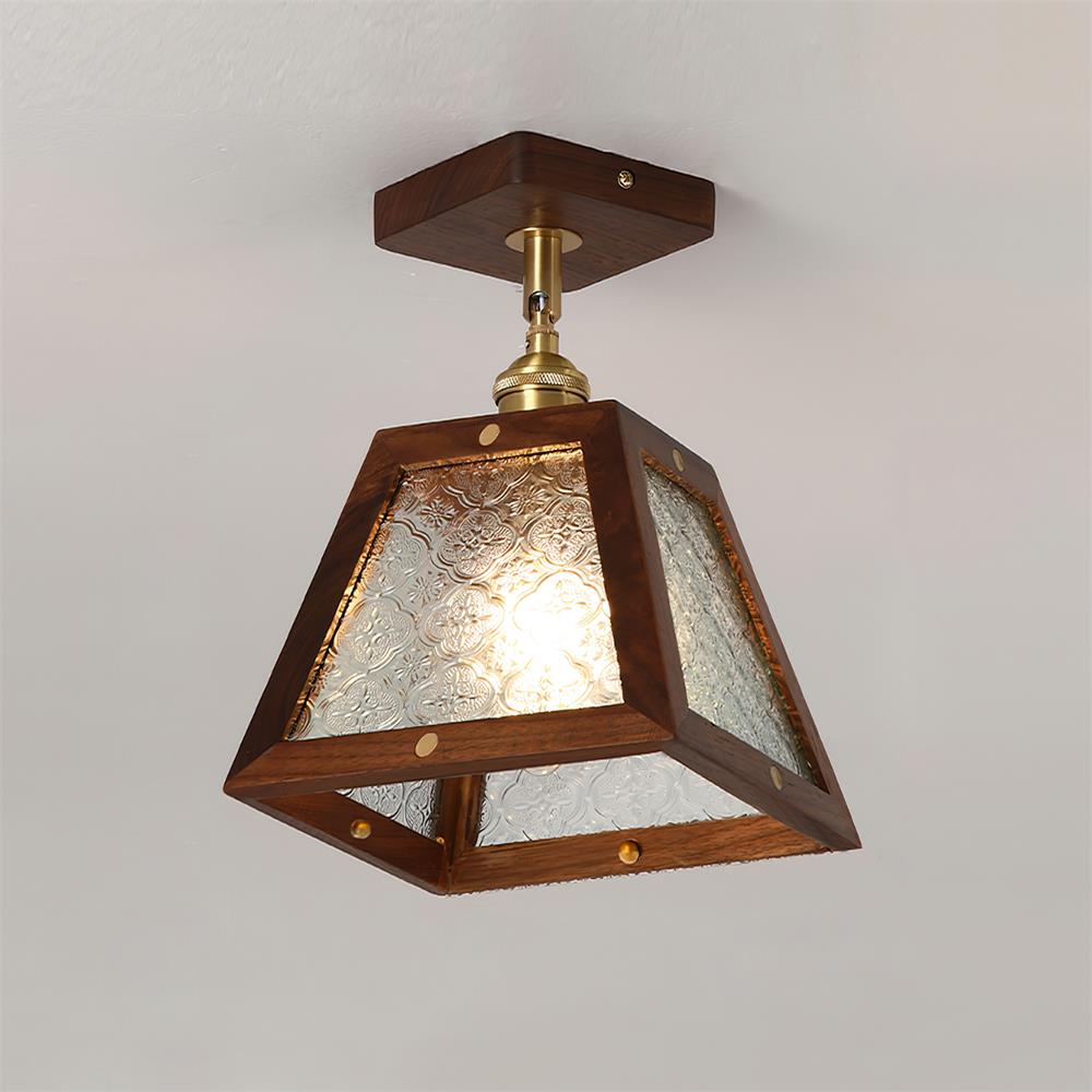 Radia Lustre Plafonnier Cadre en Bois Panneaux en Verre Géométriques - Neutralighting