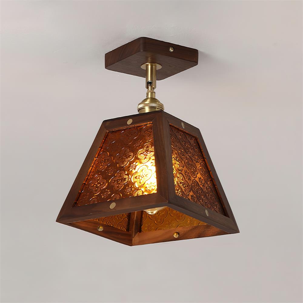 Radia Lustre Plafonnier Cadre en Bois Panneaux en Verre Géométriques - Neutralighting