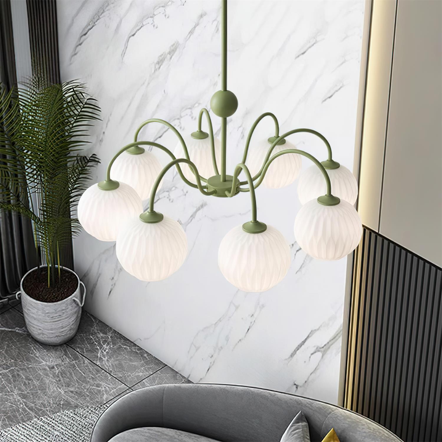 Lustra Chandelier Moderne à 8 Lumières en Verre Ridé Vert - Neutralighting