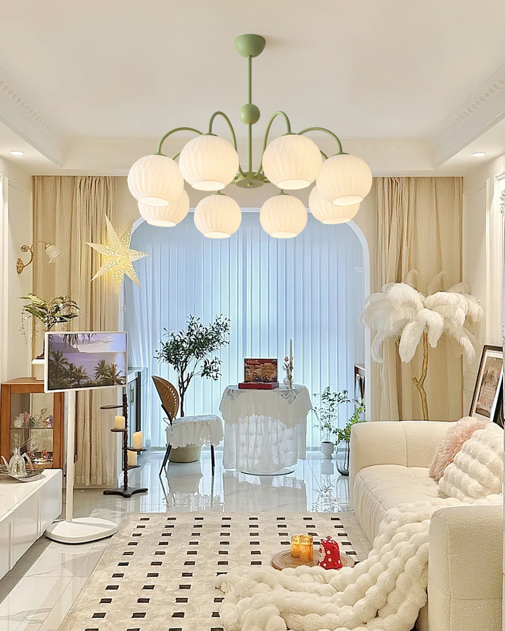 Lustra Chandelier Moderne à 8 Lumières en Verre Ridé Vert - Neutralighting