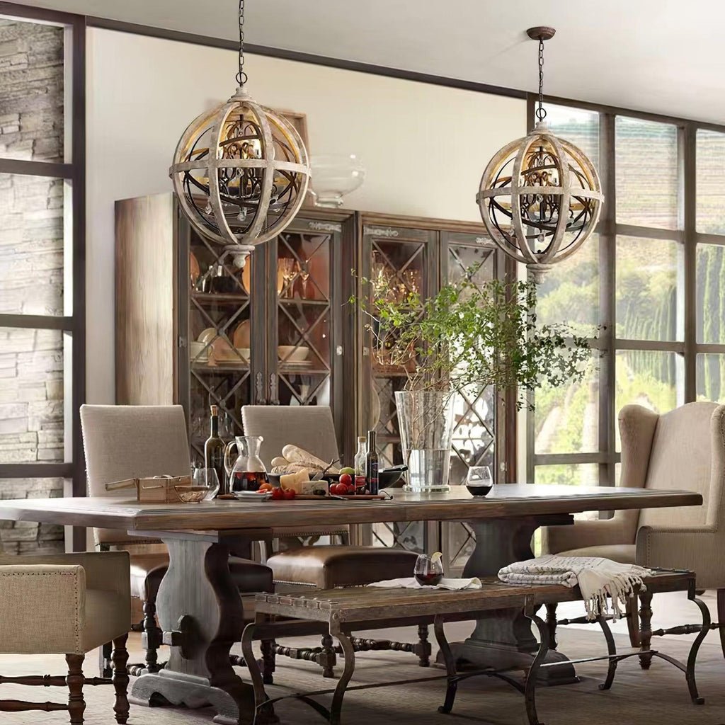 Lustra Chandelier Globe Rétro avec Bois Vieilli - Neutralighting
