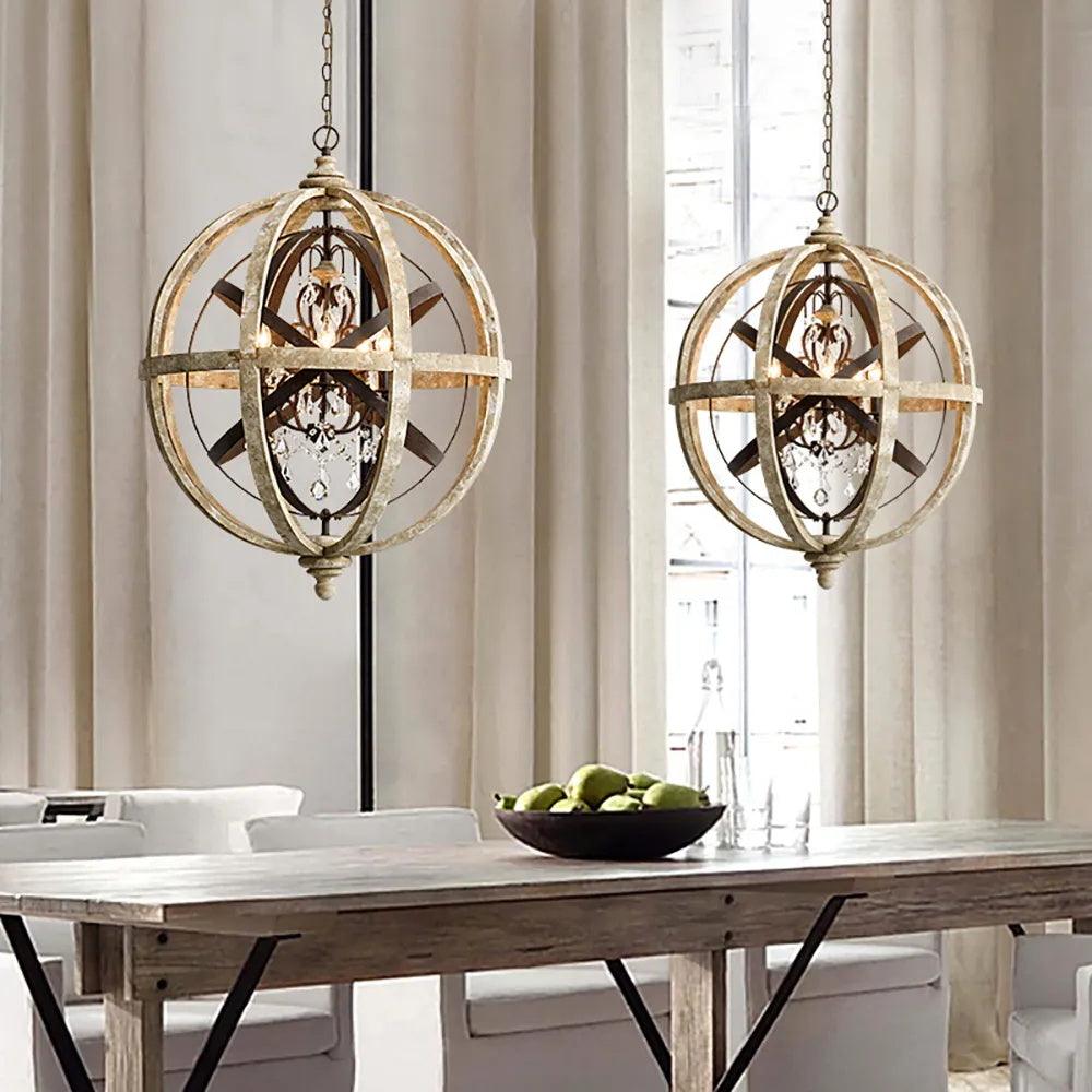 Lustra Chandelier Globe Rétro avec Bois Vieilli - Neutralighting