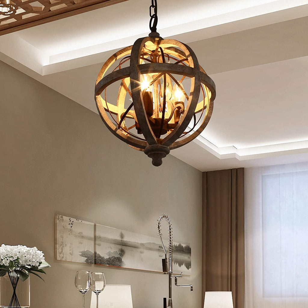 Lustra Chandelier Globe Rétro avec Bois Vieilli - Neutralighting