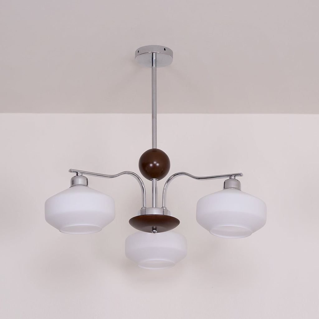 Lustra Lustre Bras en Chrome et Noyer Abat-jours en Verre Blanc Style Rétro - Neutralighting