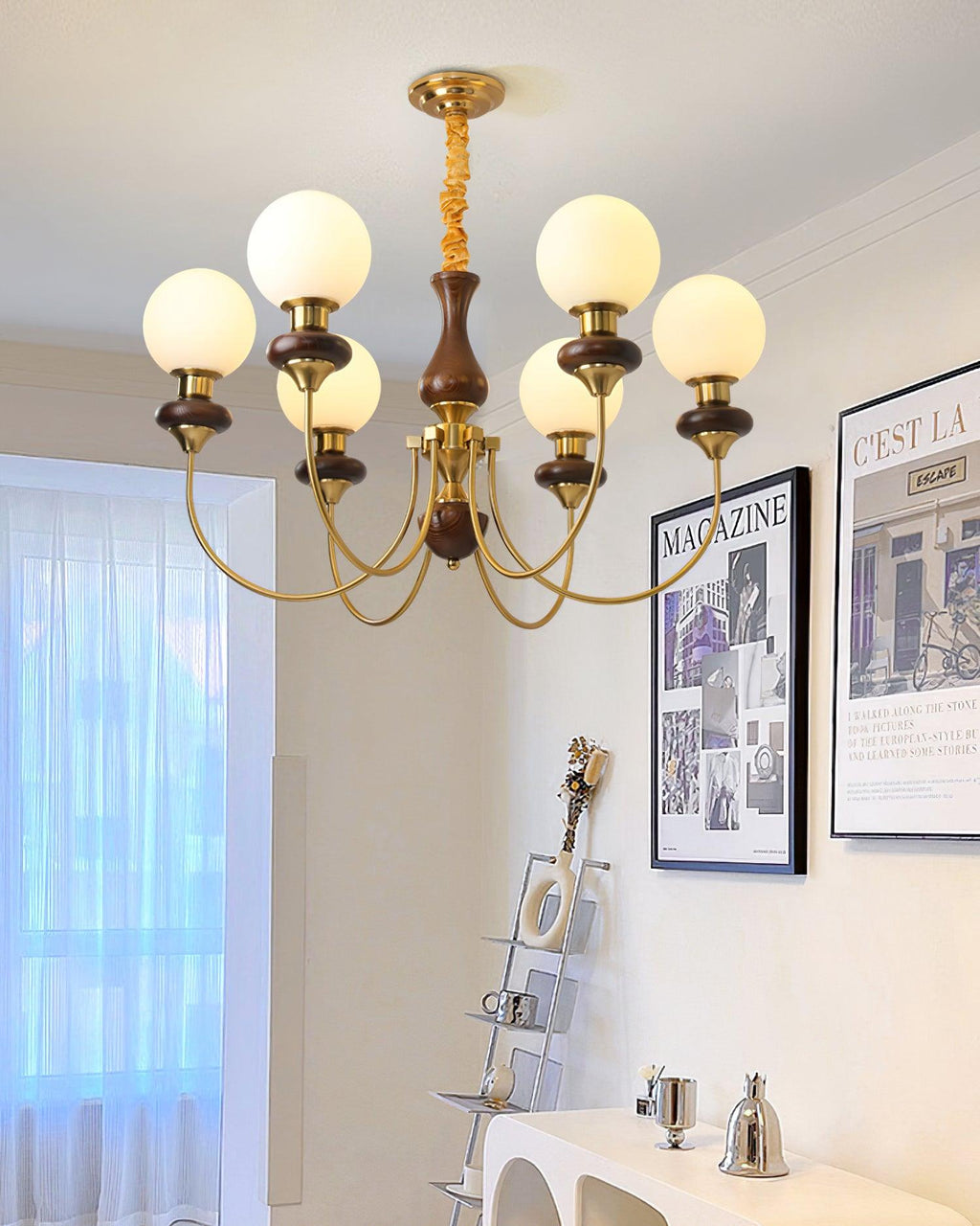 Lustra Lustre Laiton Bras Courbés Noyer Vintage Élégant - Neutralighting