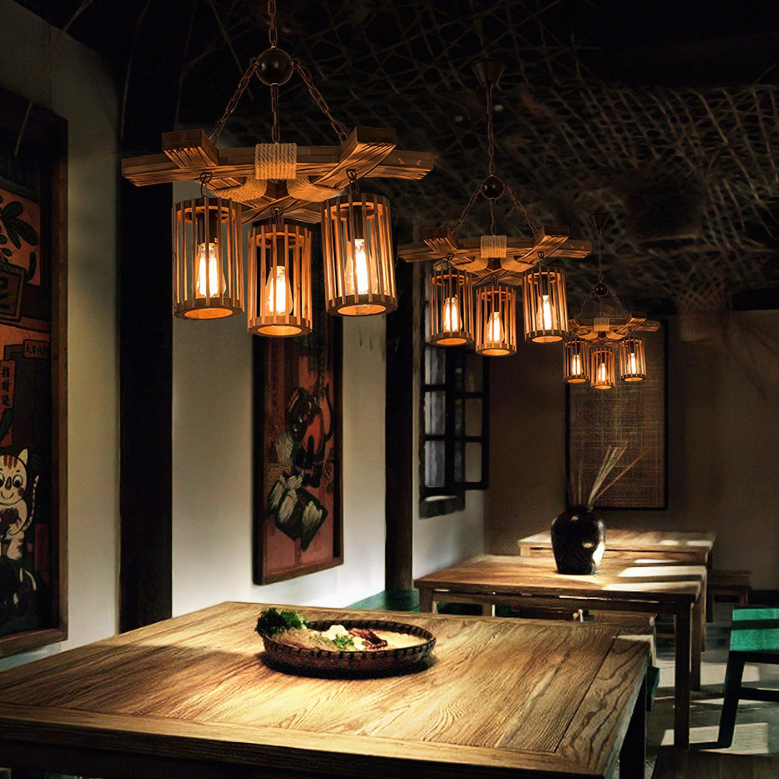 Lustra Chandelier Rétro en Bois Massif Industriel - Neutralighting