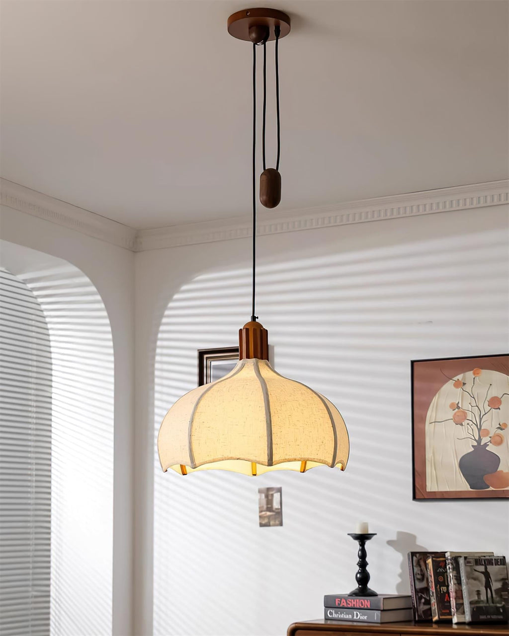 Revi Suspension Lampe Bois Tissu Festonné Réglable - Neutralighting