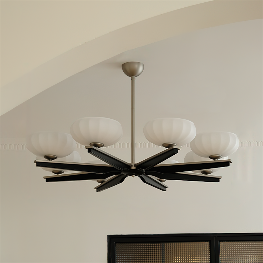 Lustre Bras en Bois de Noyer et Abat-jours en Verre Opale Style Mi-siècle - Neutralighting