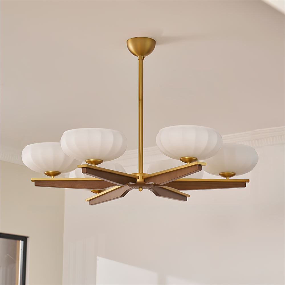 Lustre Bras en Bois de Noyer et Abat-jours en Verre Opale Style Mi-siècle - Neutralighting