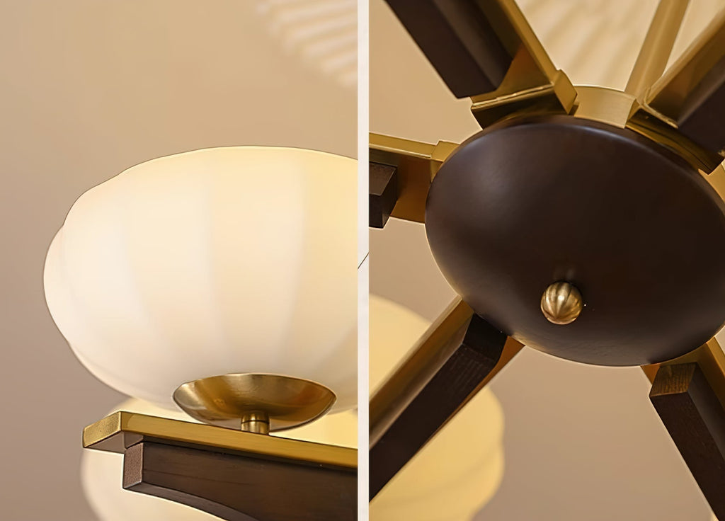 Lustre Bras en Bois de Noyer et Abat-jours en Verre Opale Style Mi-siècle - Neutralighting